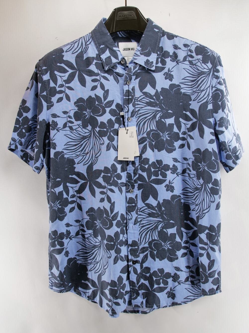 Jason Wu Men's Floral Linen Blend Short Sleeve Camp Button Down Shirt Blue L NWT